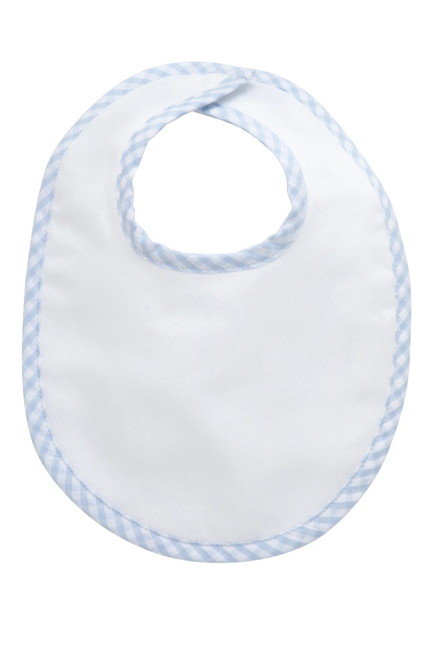 White terry cloth bib with large light-blue gingham check trim and Velcro neck tabs. Add custom embroidery to the front-center of the bib.