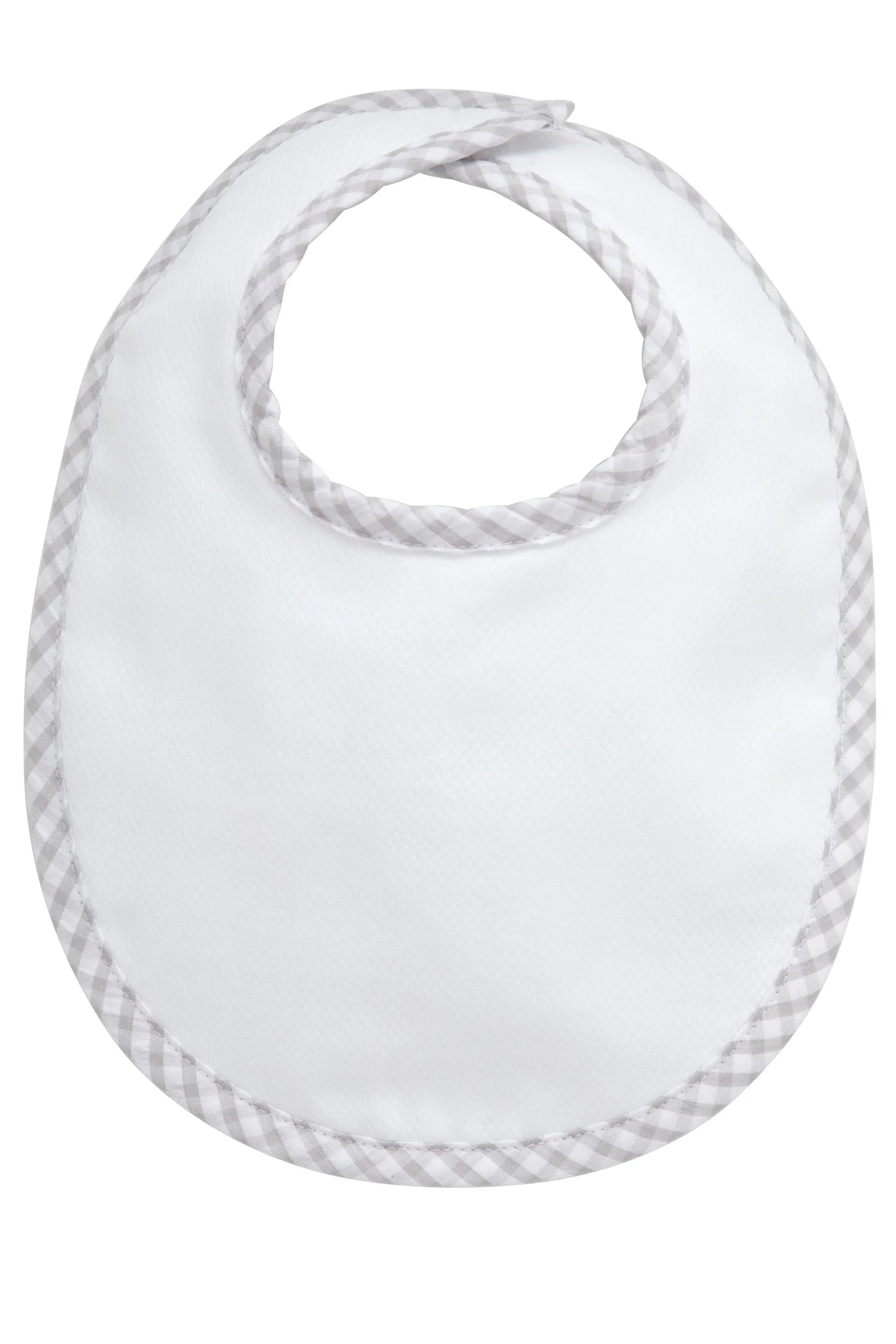 White terry cloth bib with large gray gingham check trim and Velcro neck tabs. Add custom embroidery to the front-center of the bib.