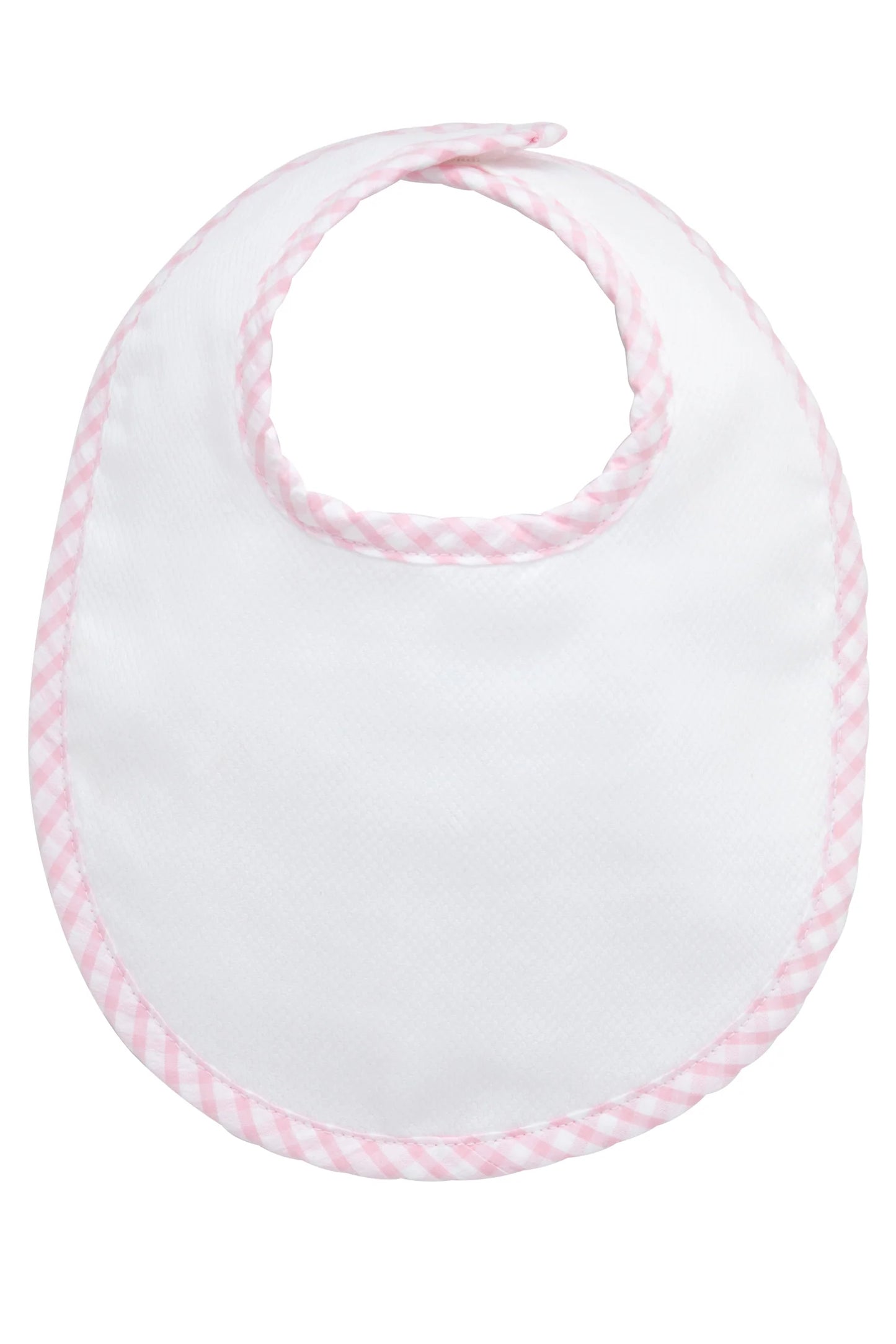 White terry cloth bib with large light-pink gingham check trim and Velcro neck tabs. Add custom embroidery to the front-center of the bib.