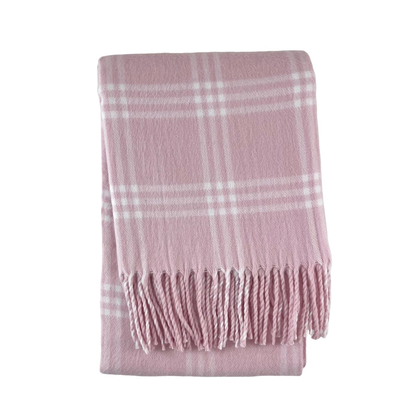Pink-and-white windowpane flannel crib blanket with fringe, folded on white.