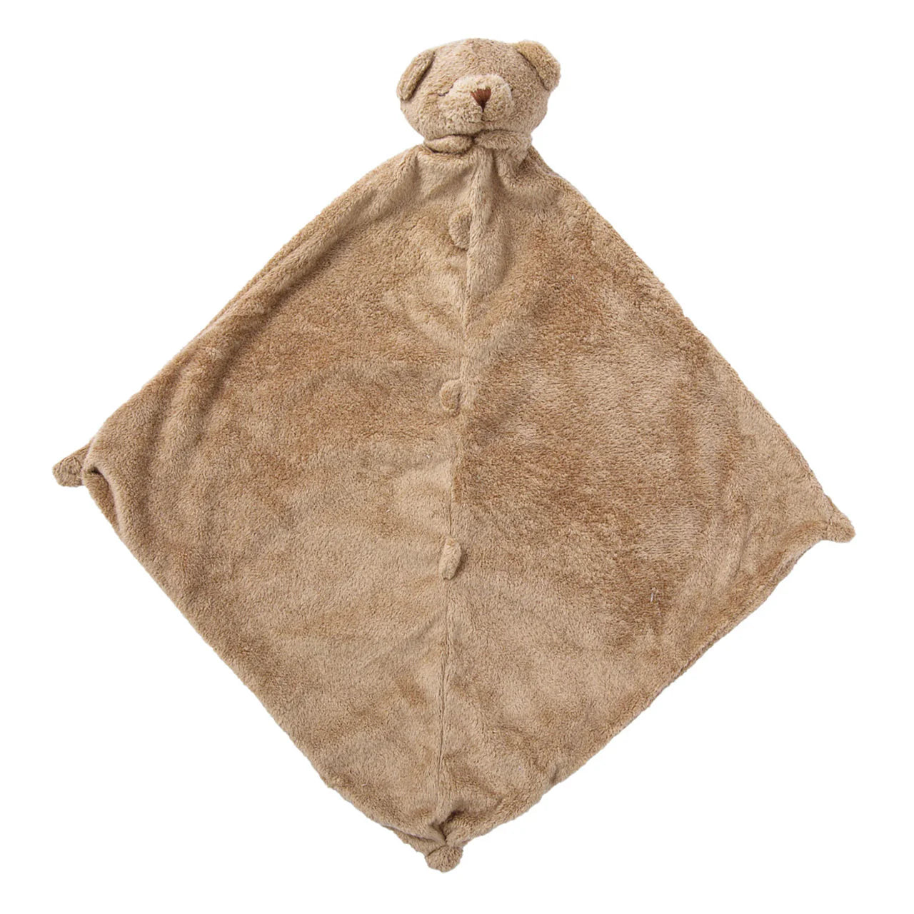 Caramel-brown bear lovie blankie; plush diamond cloth withknotted corners; sleepy bear face at top. Add custom embroidery to the bottom corner, centered.