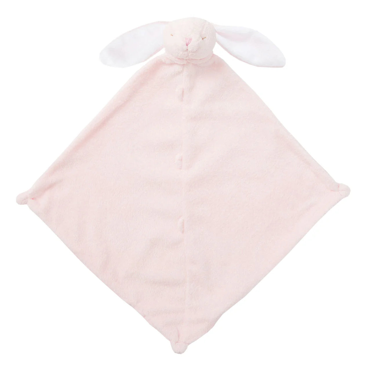 Pale-pink bunny lovie blankie with long floppy ears; knotted corners; bunny face at top. Add custom embroidery to the bottom corner, centered.