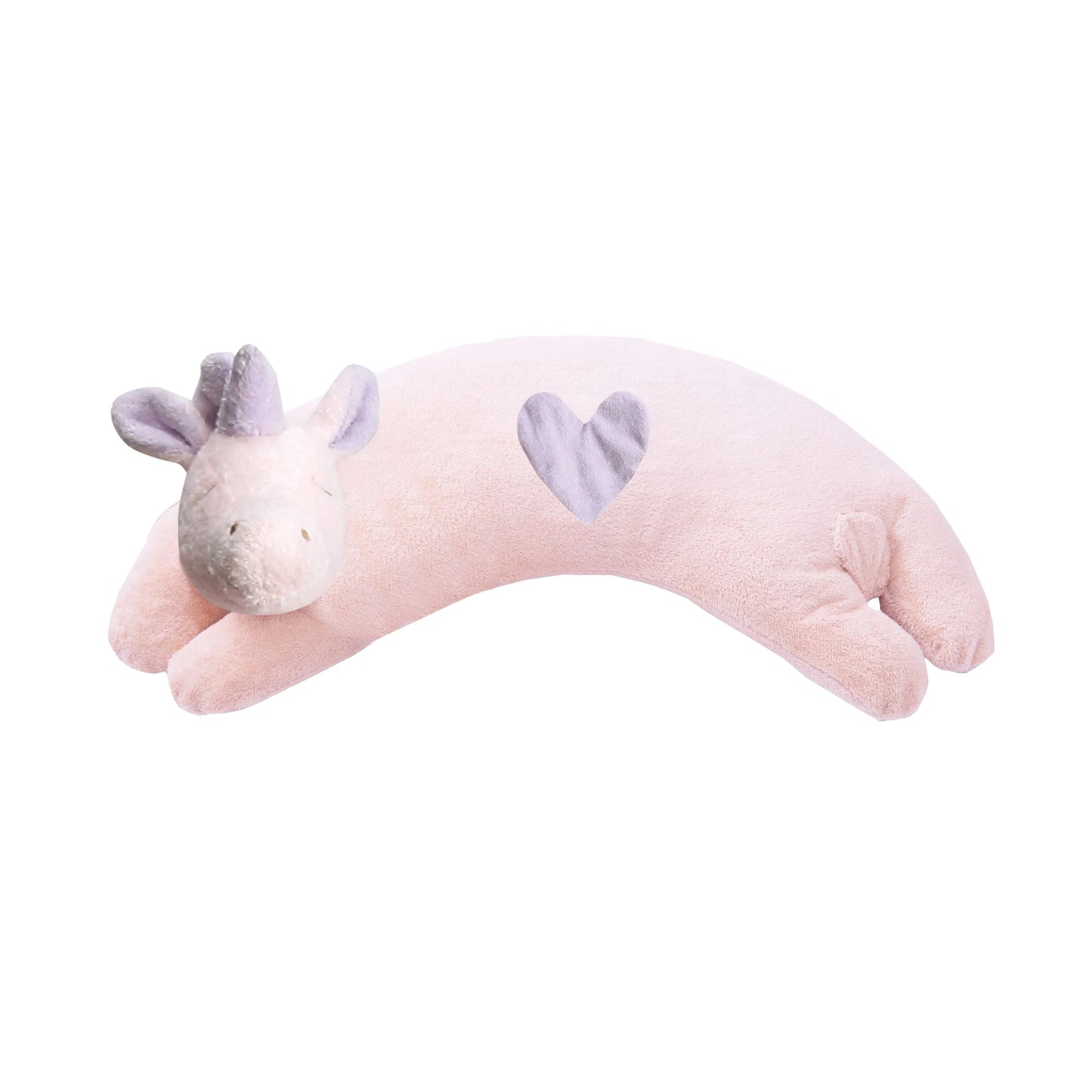 Plush curved neck pillow with unicorn-shaped design including heart-shaped applique. Add custom embroidery to the center of the pillow.