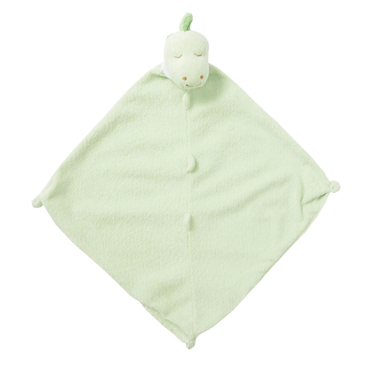 Soft green dinosaur lovie blankie with small plush head; knotted corners; dinosaur face at top. Add custom embroidery to the bottom corner, centered.