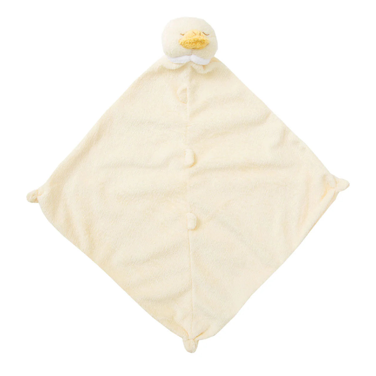 Cream-yellow duck lovie blankie with plush orange bill; knotted corners; duck face at top. Add custom embroidery to the bottom corner, centered.