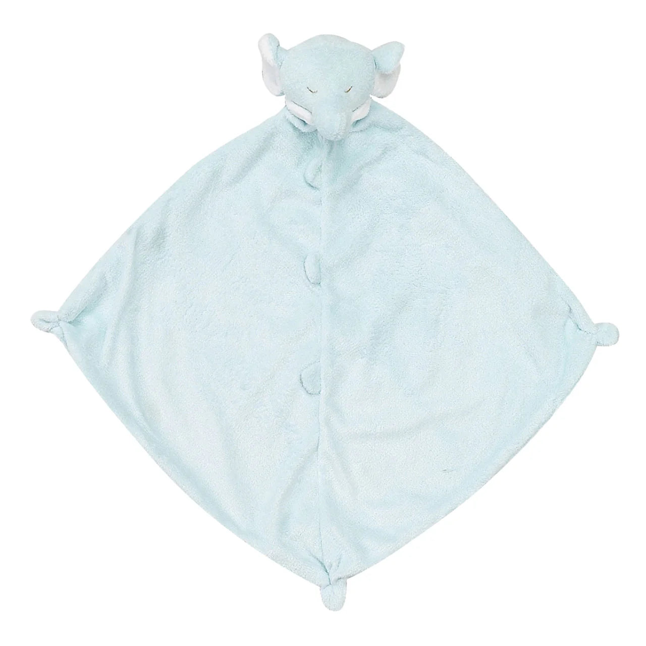 Light-blue elephant lovie blankie with big ears and short trunk; knotted corners; elephant face at top. Add custom embroidery to the bottom corner, centered.