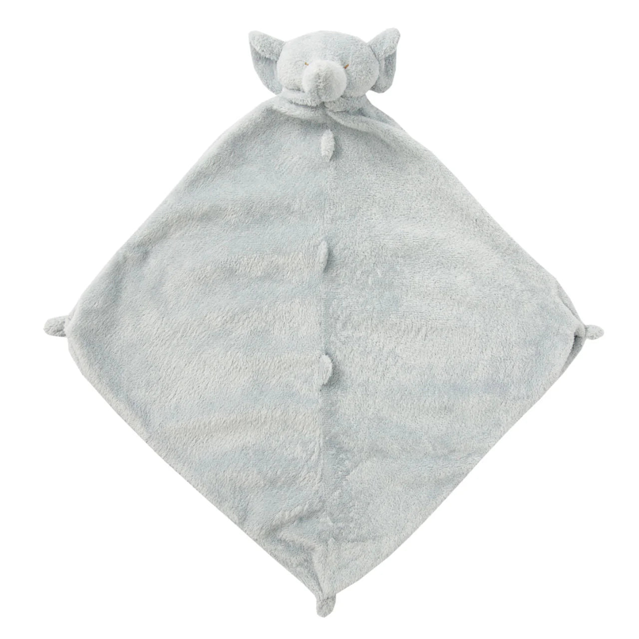 Soft gray elephant lovie blankie with big ears and short trunk; knotted corners; elephant face at top. Add custom embroidery to the bottom corner, centered.