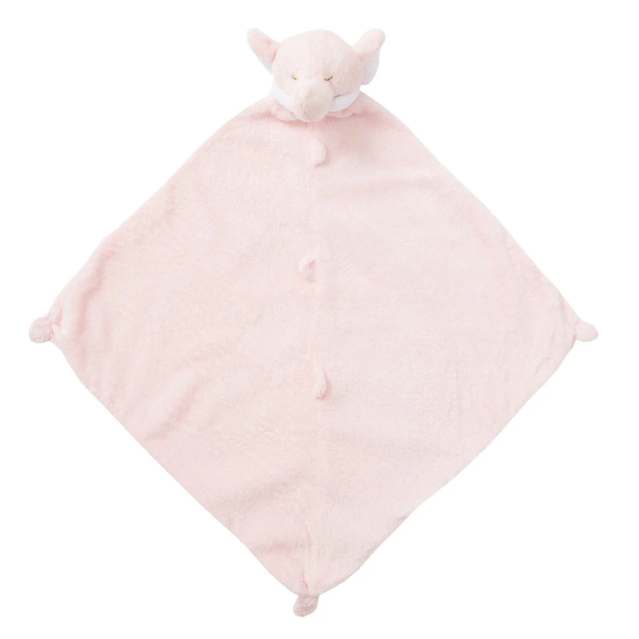 Pale-pink elephant lovie blankie with big ears and short trunk; knotted corners; elephant face at top. Add custom embroidery to the bottom corner, centered.