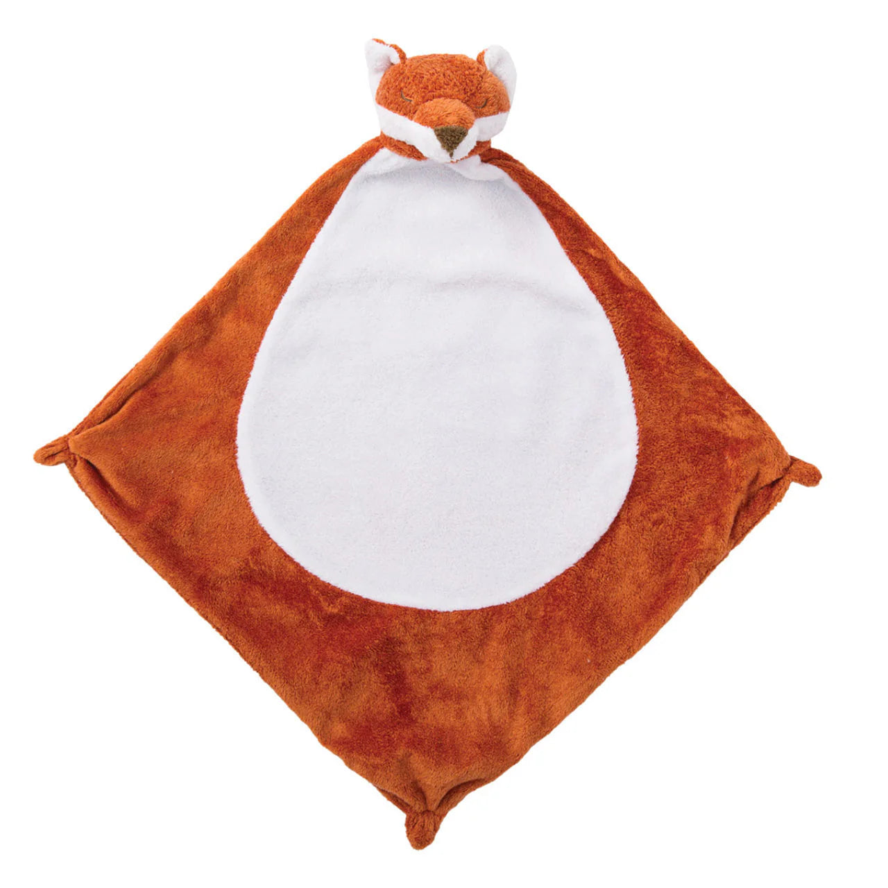 Rust-orange fox lovie blankie with white belly patch; knotted corners; fox face at top. Add custom embroidery to the bottom corner, centered.