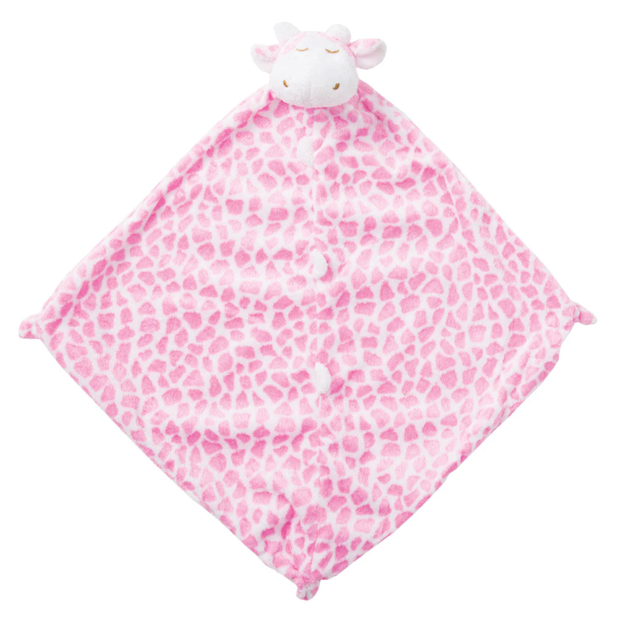 Pink-and-white-colored giraffe lovie blankie with giraffe-spot pattern; knotted corners; giraffe face at top. Add custom embroidery to the bottom corner, centered.