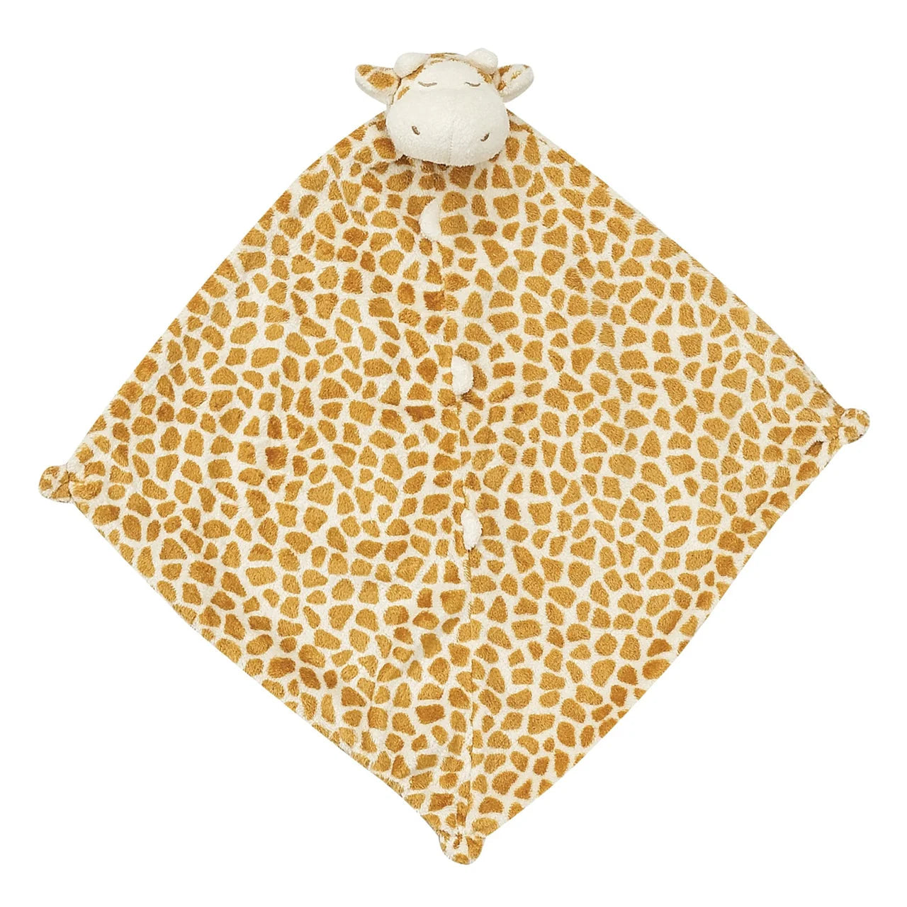 Tan-and-cream-colored giraffe lovie blankie with giraffe-spot pattern; knotted corners; giraffe face at top. Add custom embroidery to the bottom corner, centered.