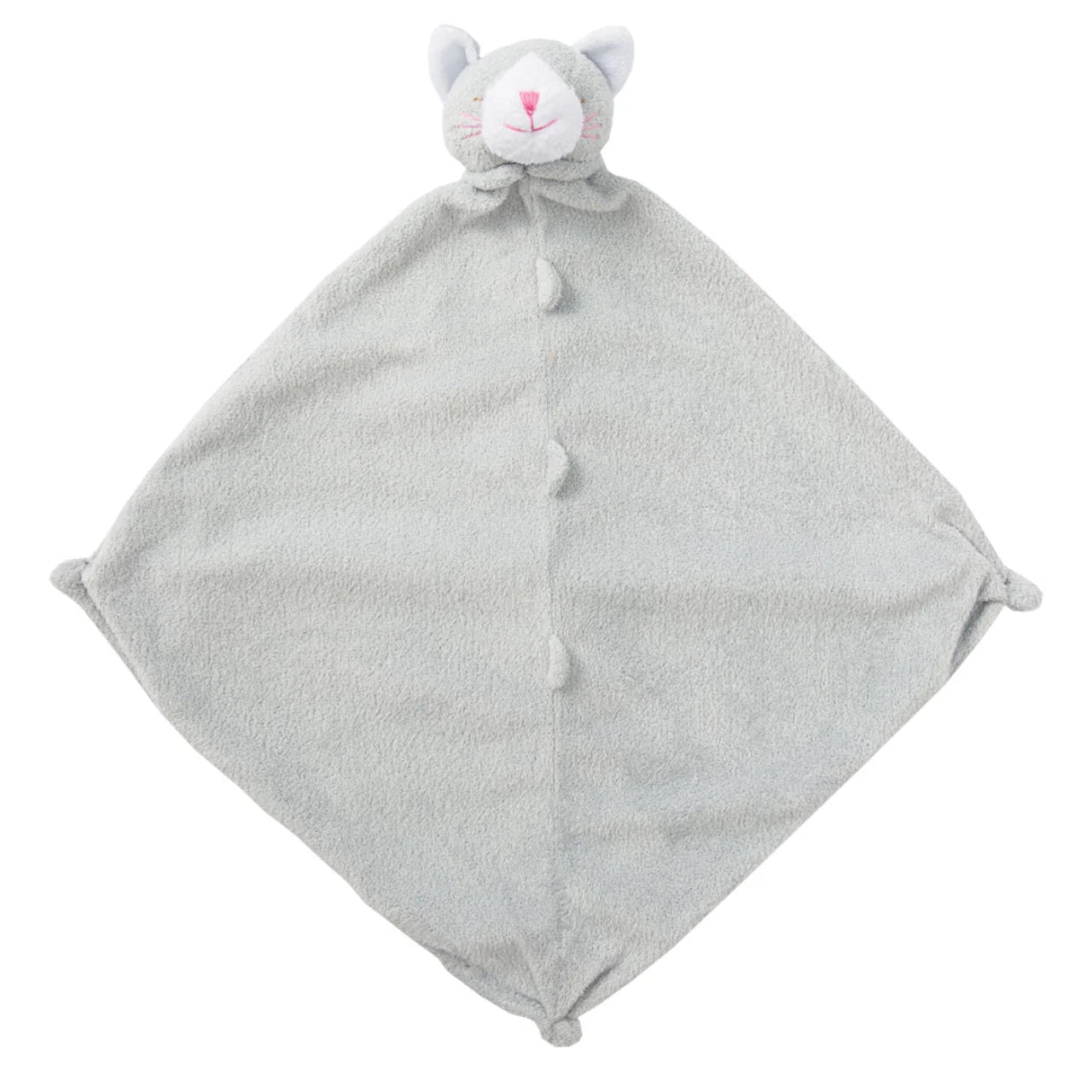 Light-gray kitty lovie blankie with pink nose and whiskers; knotted corners; kitty face at top. Add custom embroidery to the bottom corner, centered.