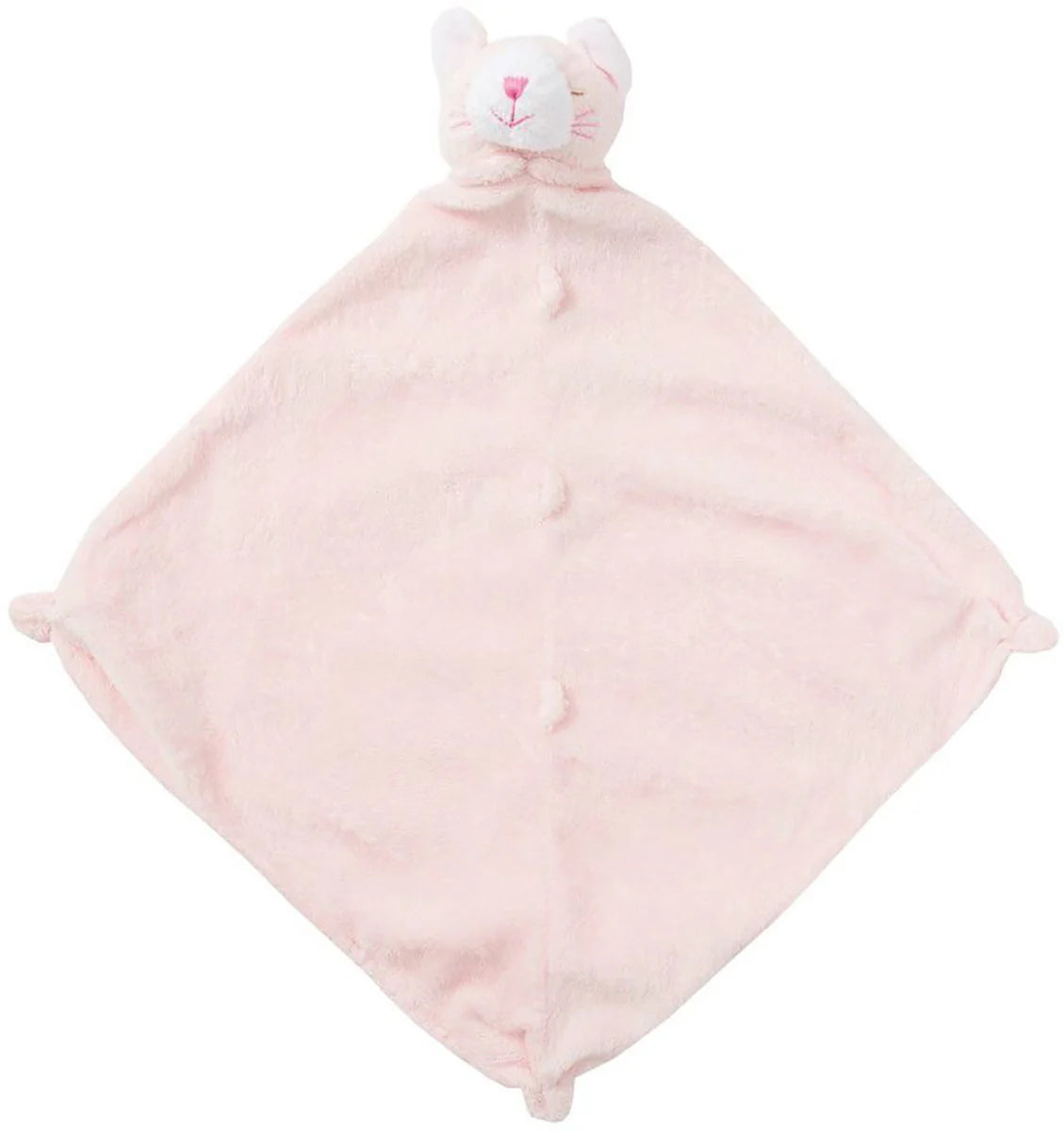 Light-pink kitty lovie blankie with pink nose and whiskers; knotted corners; kitty face at top. Add custom embroidery to the bottom corner, centered.
