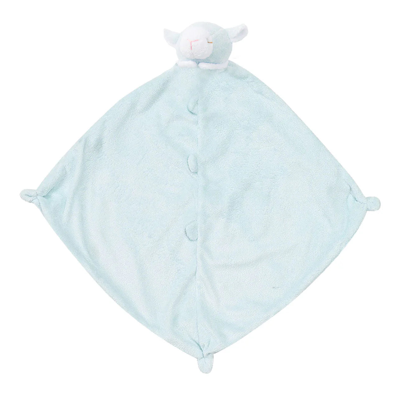Light-blue lamb lovie blankie with sleepy face; knotted corners; lamb face at top. Add custom embroidery to the bottom corner, centered.