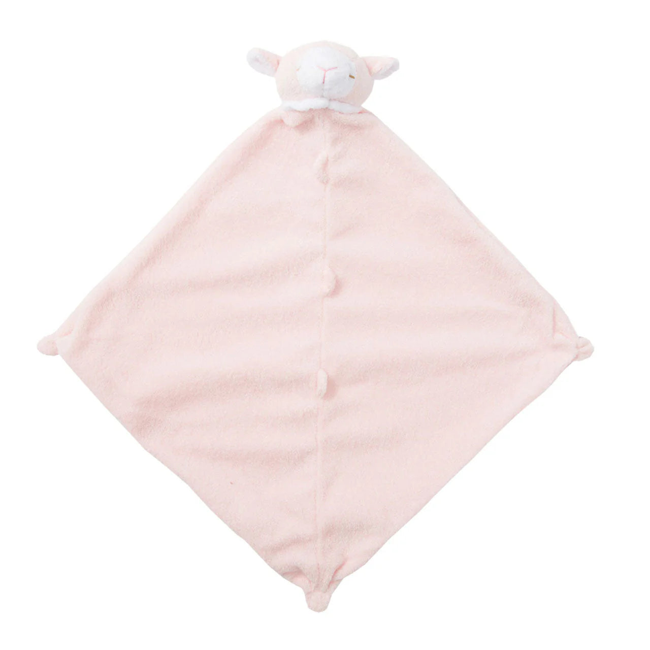 Soft pink lamb lovie blankie with sleepy face; knotted corners; lamb face at top. Add custom embroidery to the bottom corner, centered.