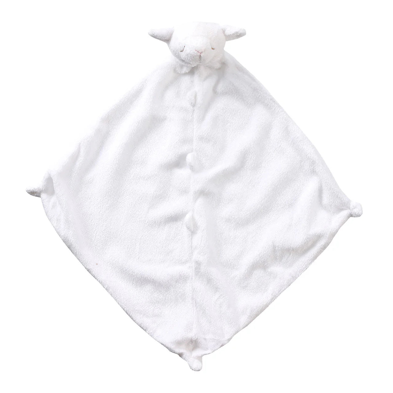 Bright-white lamb lovie blankie with sleepy face; knotted corners; lamb face at top. Add custom embroidery to the bottom corner, centered.