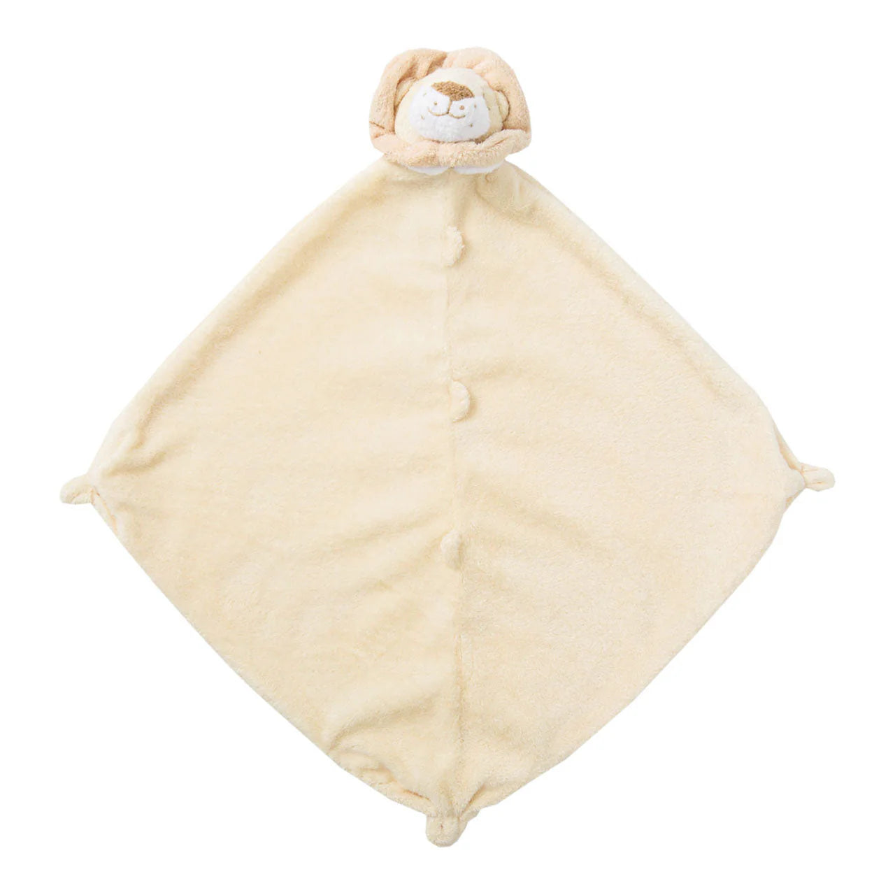Honey-tan lion lovie blankie with soft mane and stitched smile; knotted corners; lion face at top. Add custom embroidery to the bottom corner, centered.