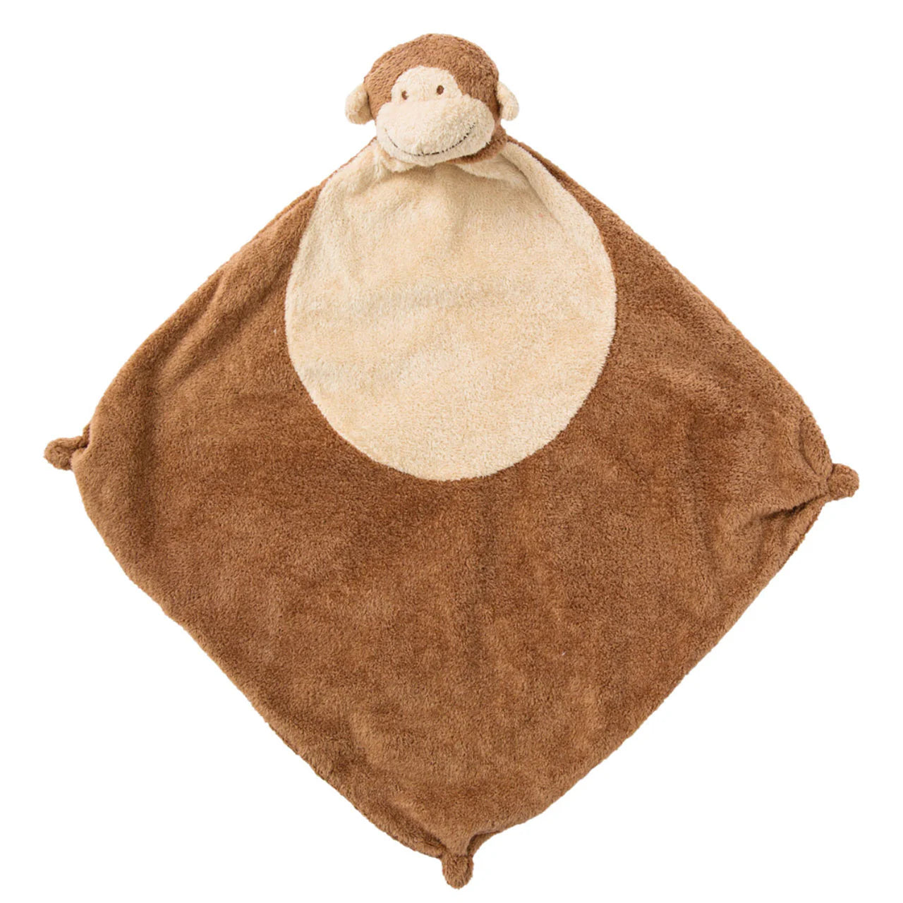 Brown monkey lovie blankie with cream-colored oval belly patch; knotted corners; monkey face at top. Add custom embroidery to the bottom corner, centered.