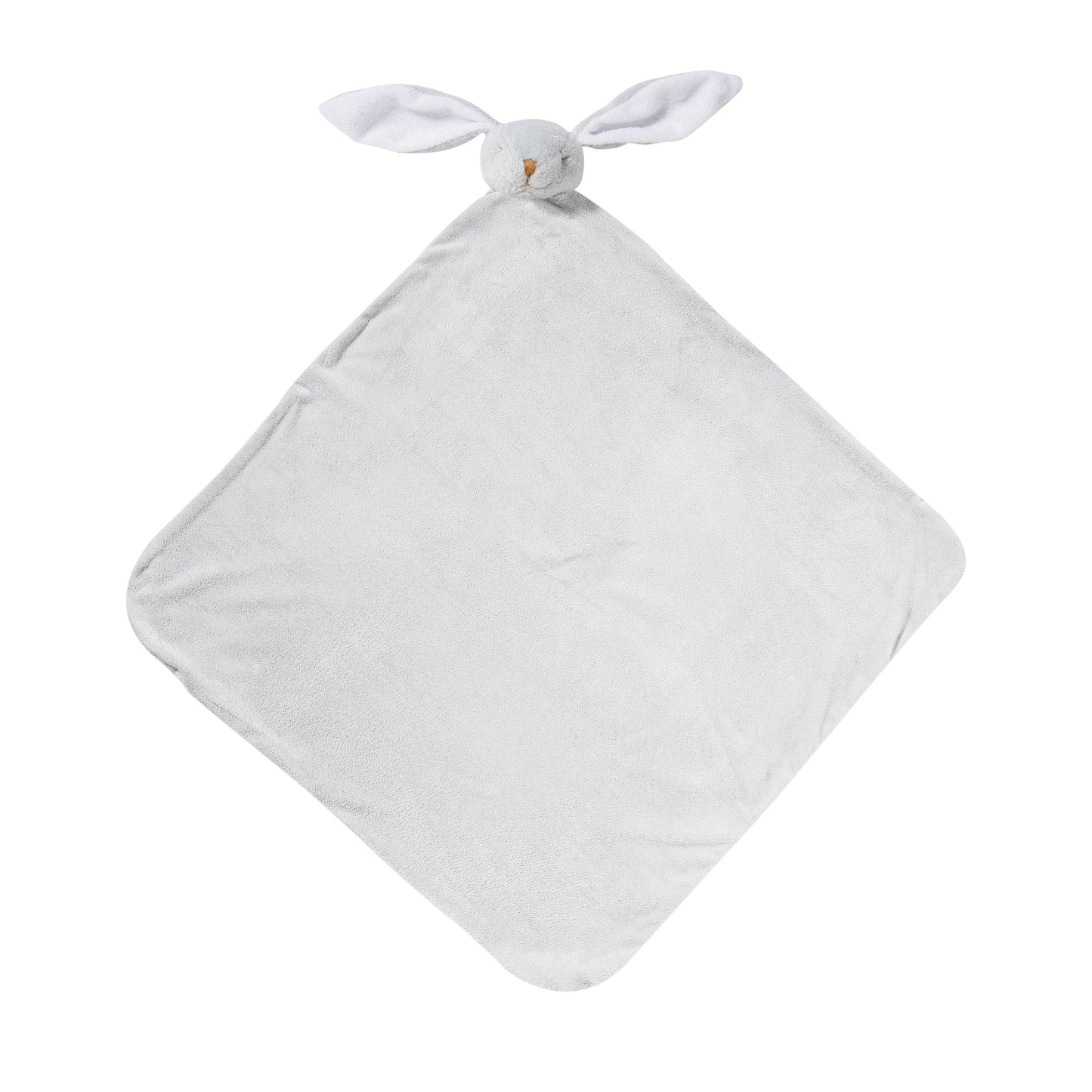 Pale gray bunny nap blanket; knotted corners; bunny face with long floppy ears at top. Add custom embroidery to the bottom corner, centered.