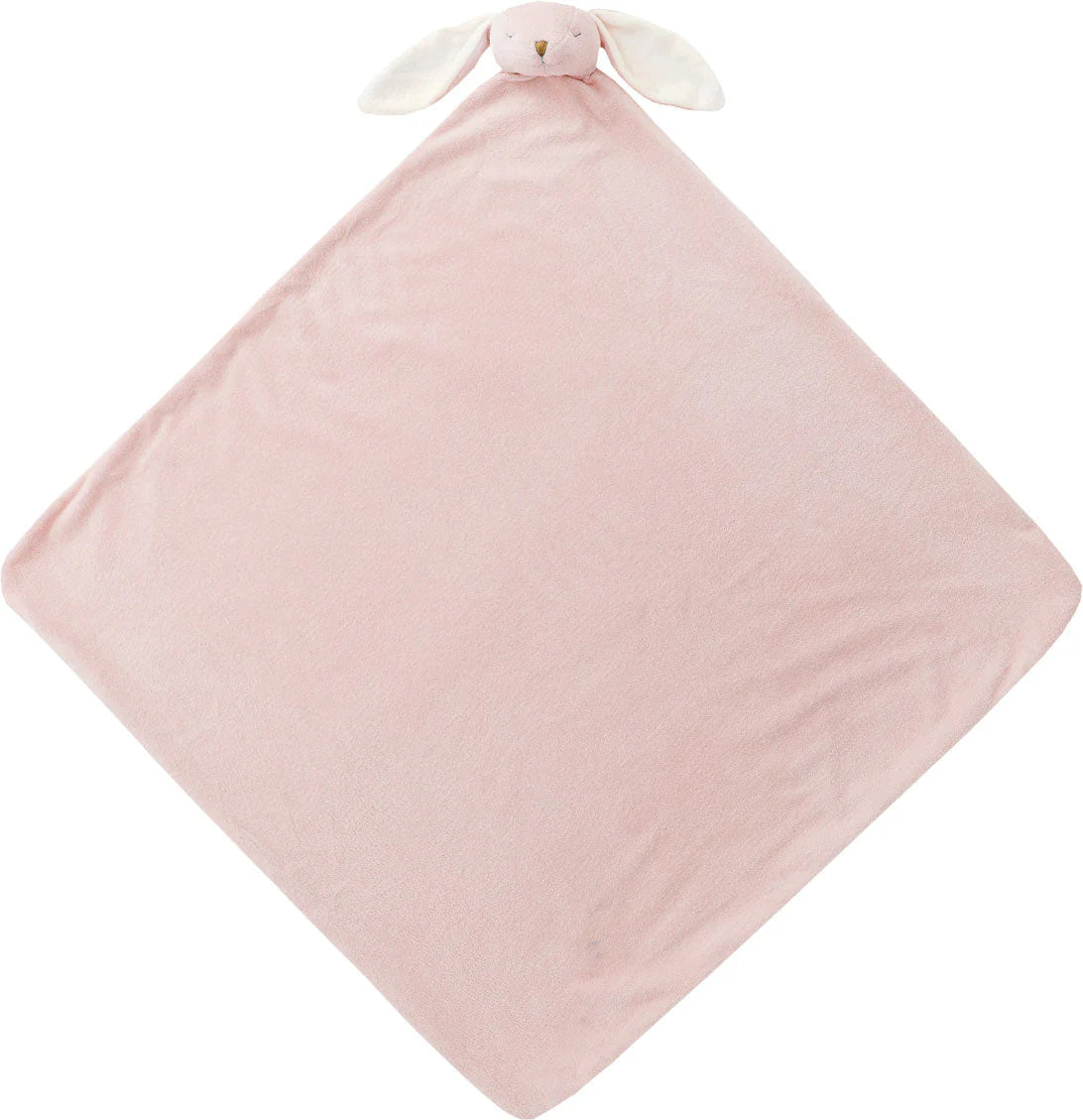 Pale-pink bunny nap blanket; knotted corners; bunny face with long floppy ears at top. Add custom embroidery to the bottom corner, centered.