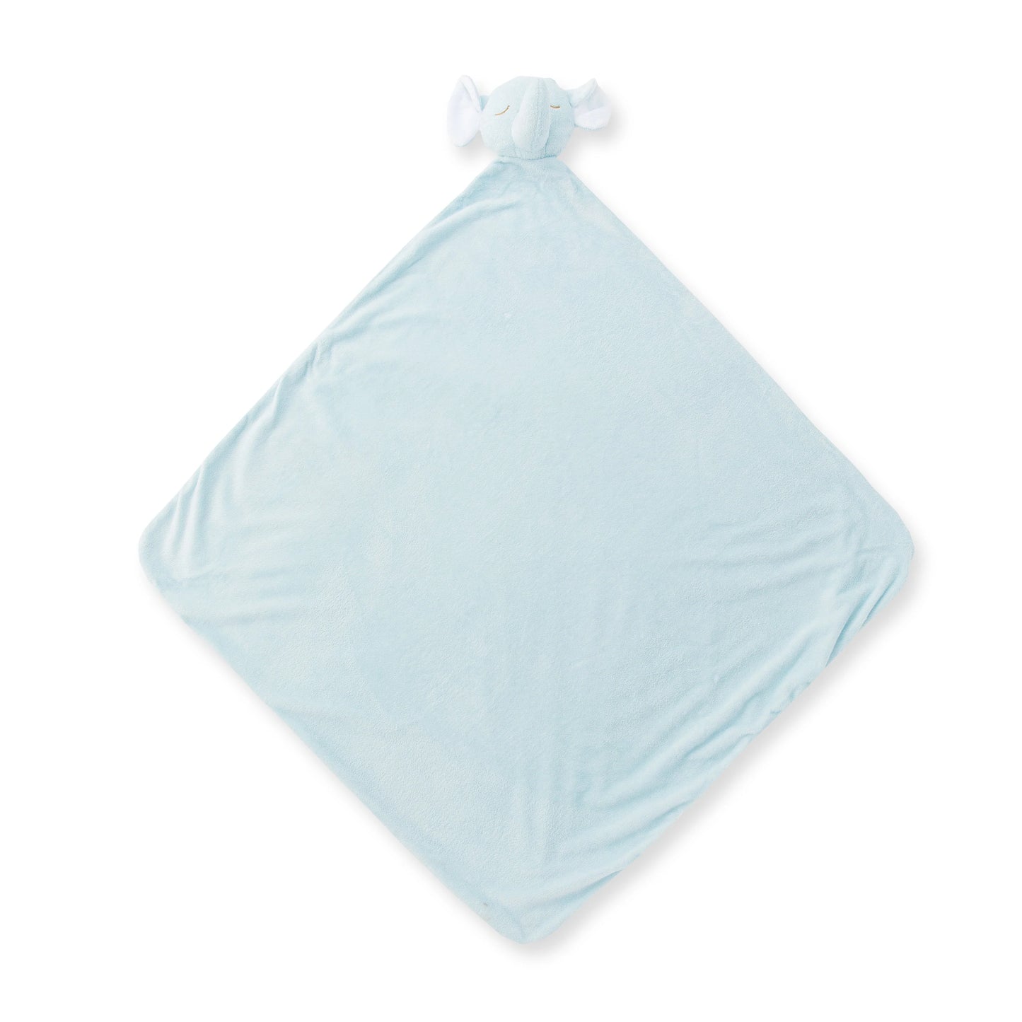Light-blue elephant nap blanket; knotted corners; elephant face with big ears and short trunk at top. Add custom embroidery to the bottom corner, centered.