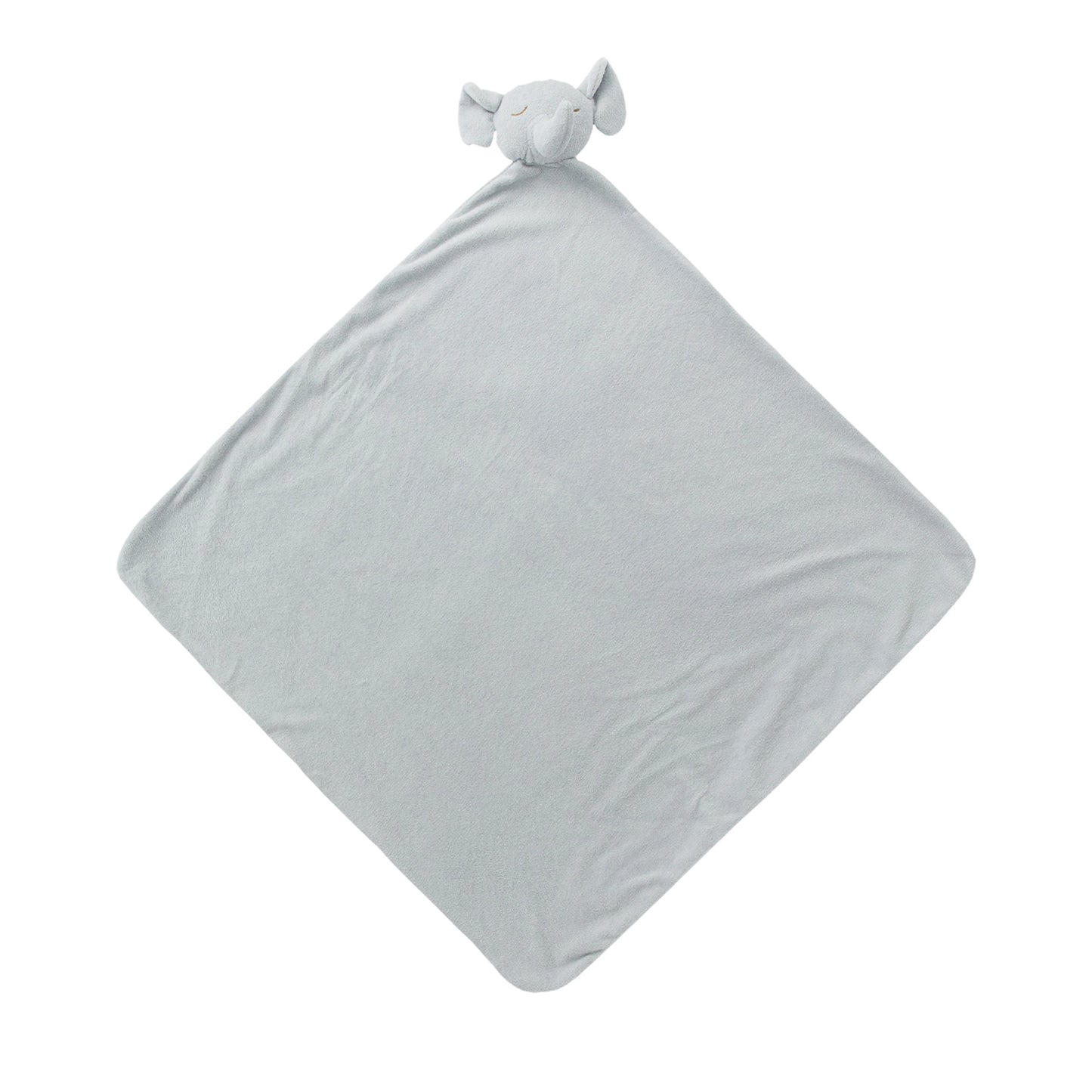 Soft gray elephant nap blanket; knotted corners; elephant face with big ears and short trunk at top. Add custom embroidery to the bottom corner, centered.