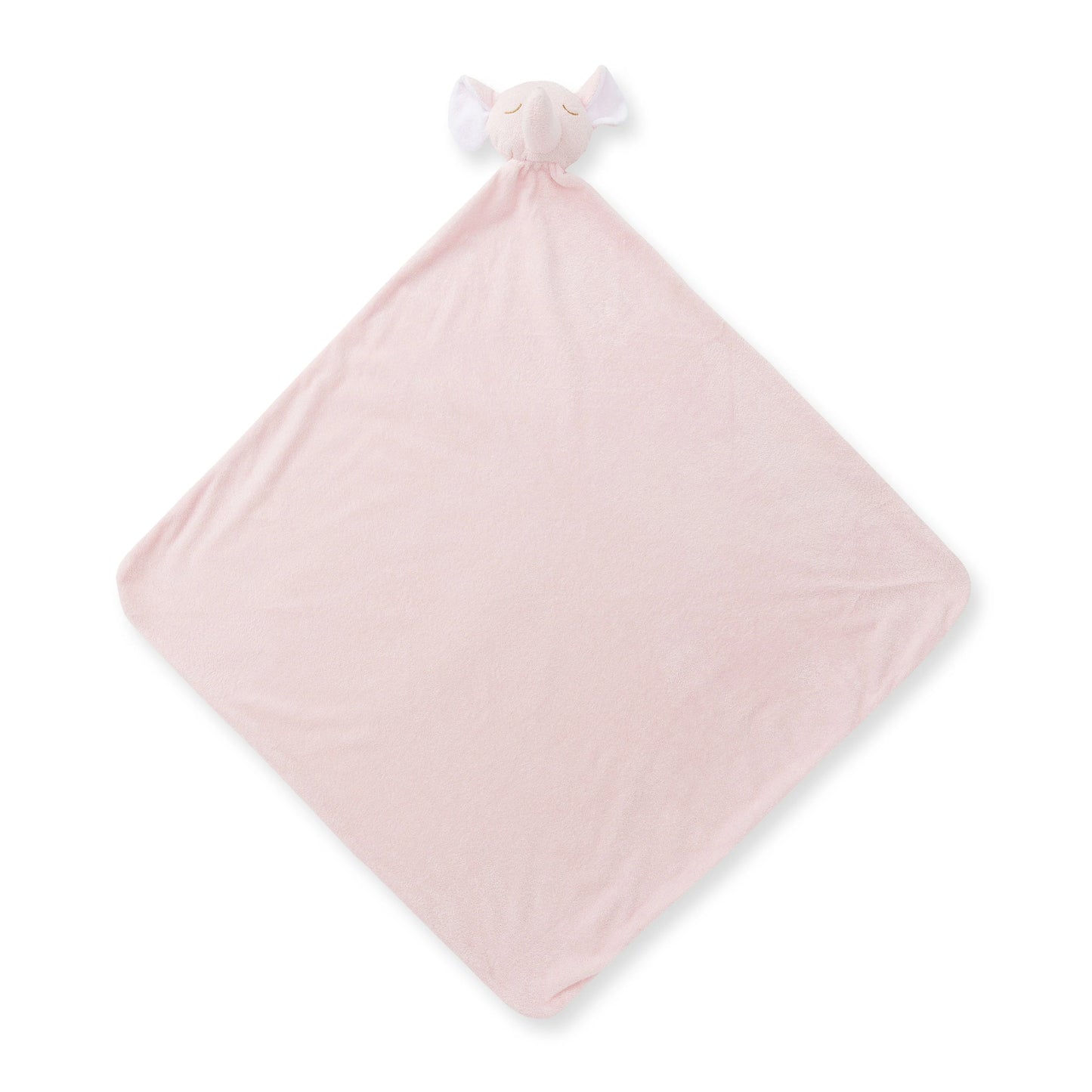 Pale-pink elephant nap blanket; knotted corners; elephant face with big ears and short trunk at top. Add custom embroidery to the bottom corner, centered.