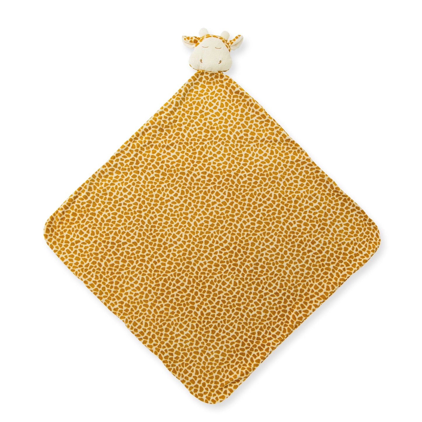 Tan-and-cream gifaffe nap blanket with giraffe pattern; knotted corners; giraffe face at top. Add custom embroidery to the bottom corner, centered.
