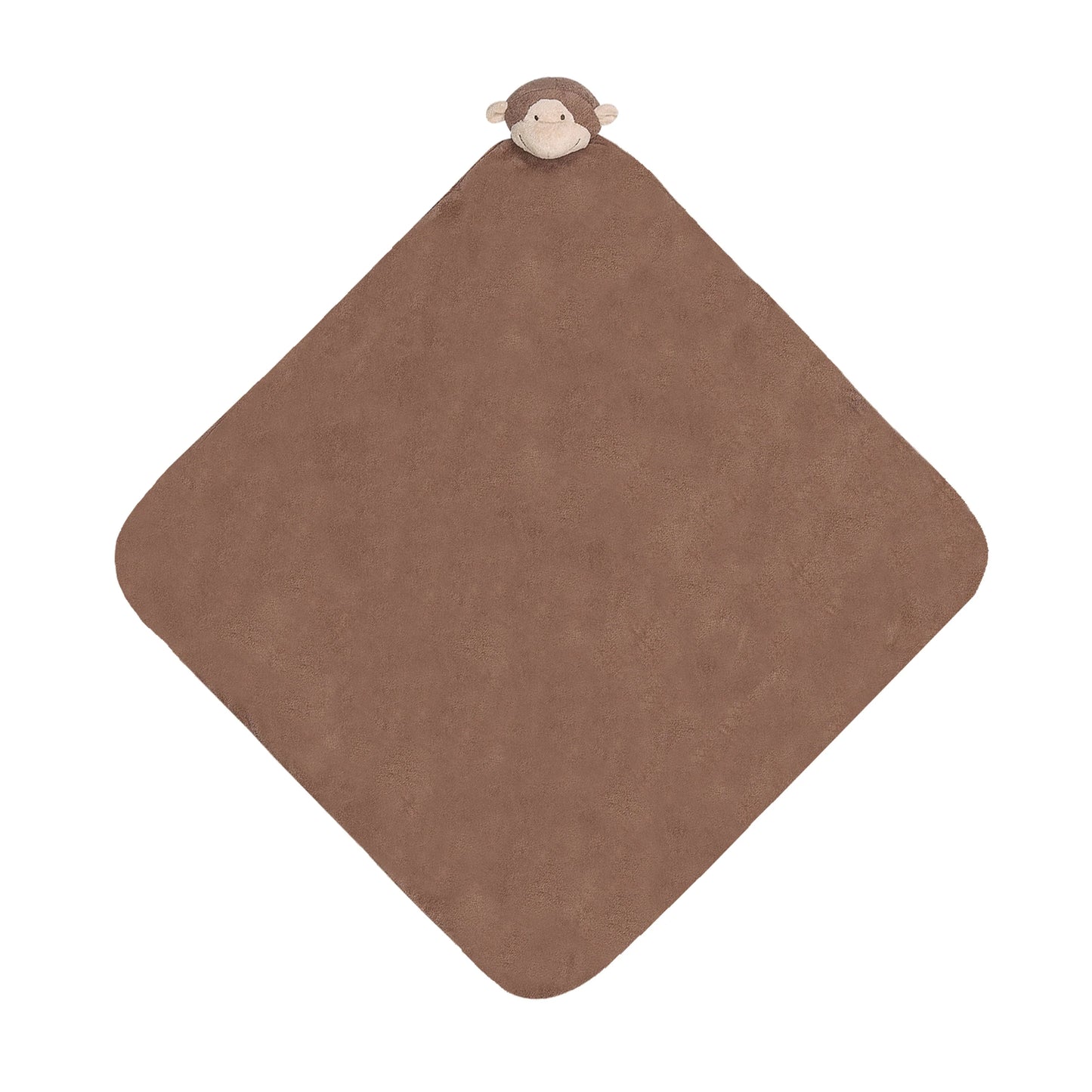 Brown monkey nap blanket; knotted corners; monkey face at top. Add custom embroidery to the bottom corner, centered.