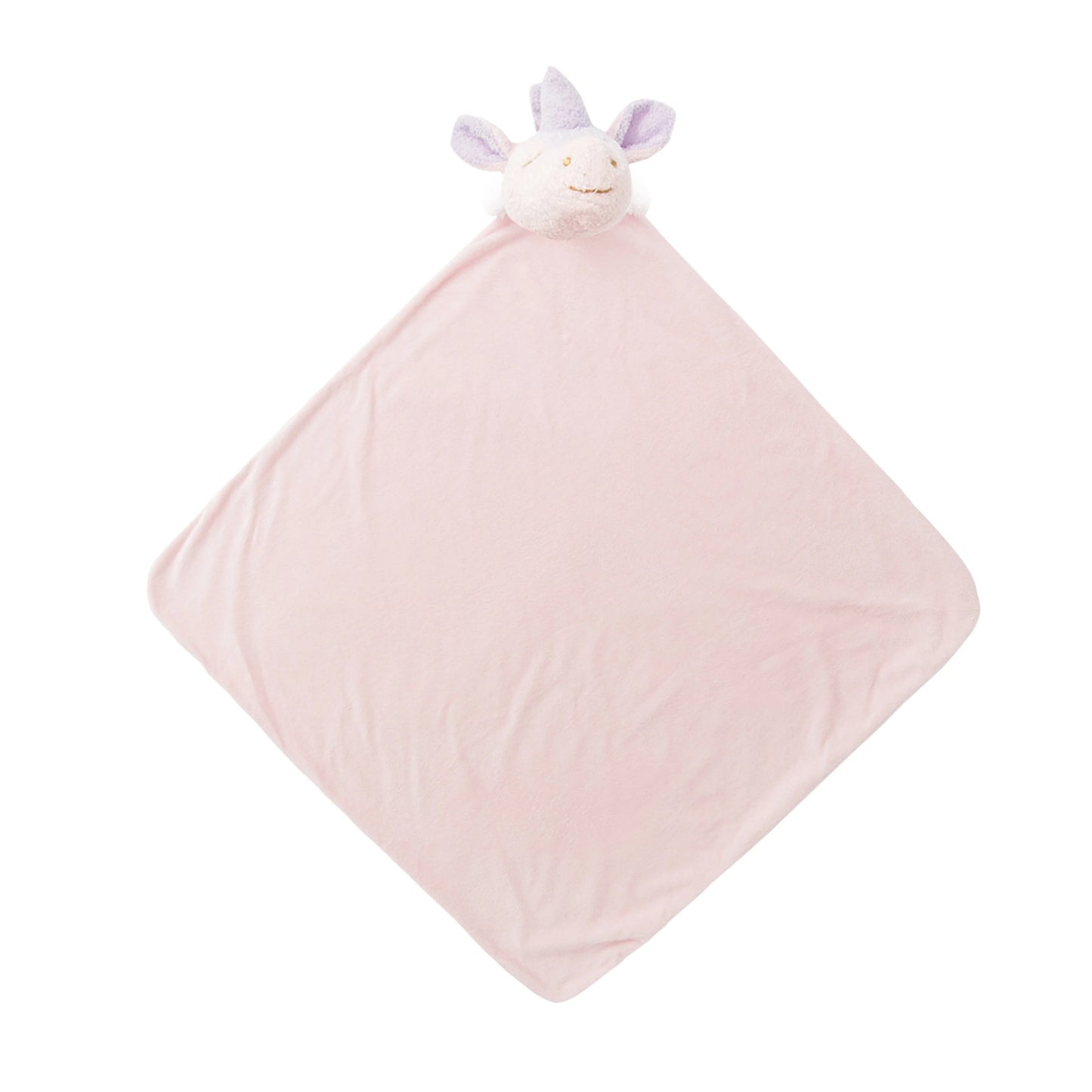 Pale-pink unicorn nap blanket; knotted corners; unicorn face at top. Add custom embroidery to the bottom corner, centered.
