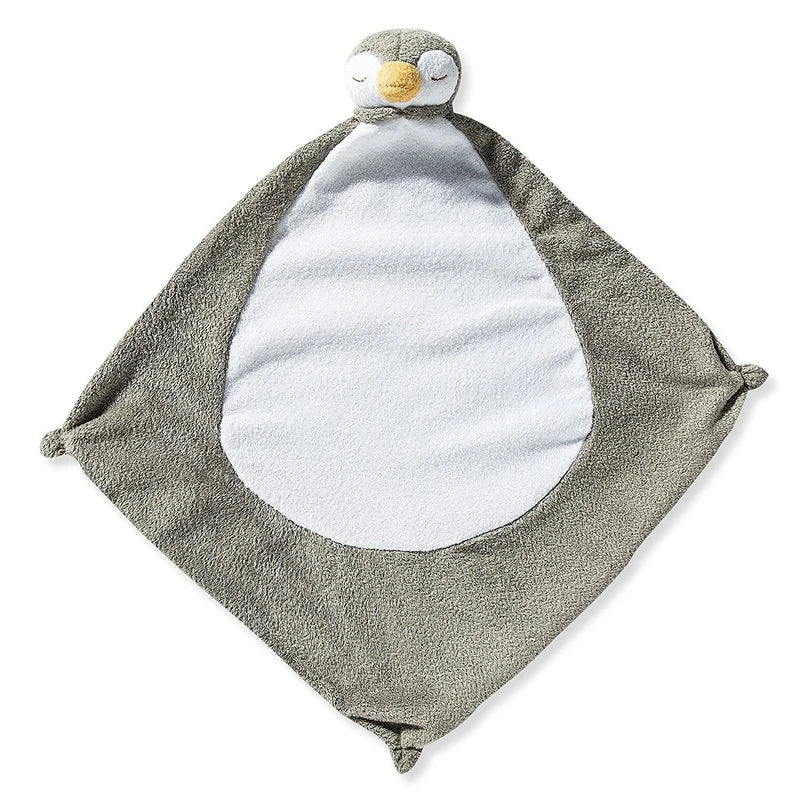 Gray penguin lovie blankie with white belly patch and yellow beak; knotted corners; penguin face at top. Add custom embroidery to the bottom corner, centered.