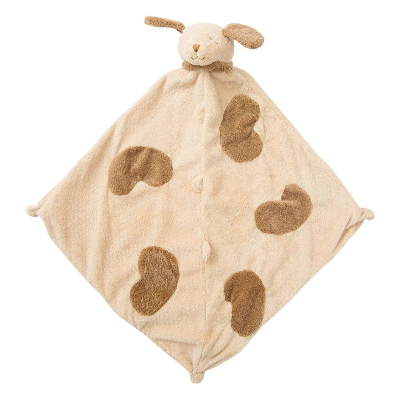 Cream-colored puppy lovie blankie with soft tan spots and floppy ears; knotted corners; puppy face at top. Add custom embroidery to the bottom corner, centered.