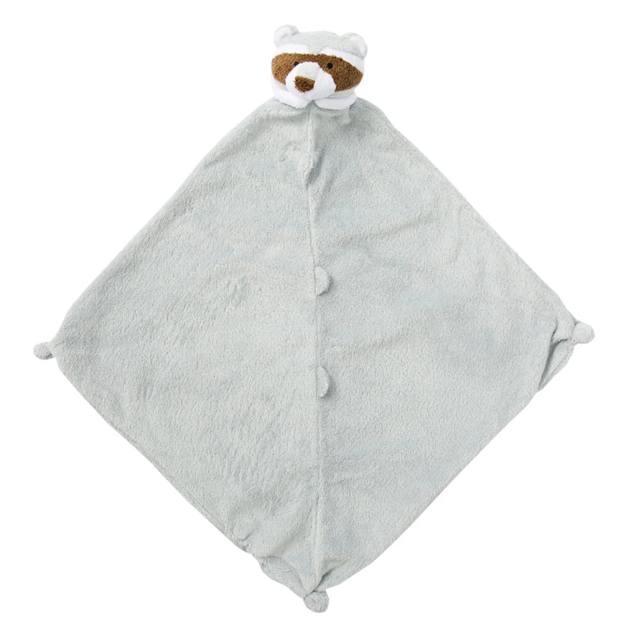 Pale-gray racoon lovie blankie with brown face mask and white muzzle; knotted corners; raccoon face at top. Add custom embroidery to the bottom corner, centered.