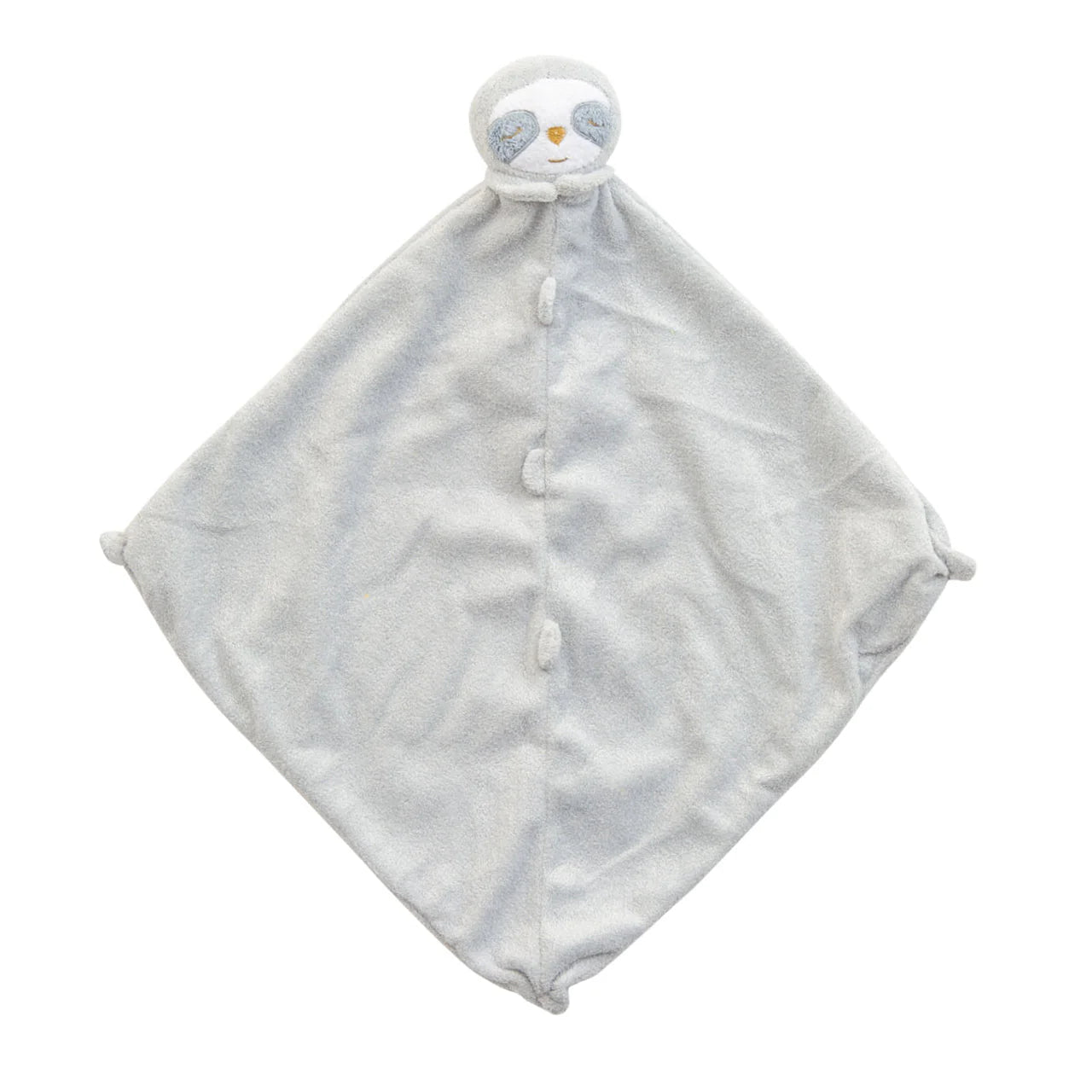 Light-gray sloth lovie blankie with white face patch and sleepy blue eye patches; knotted corners; sloth face at top. Add custom embroidery to the bottom corner, centered.
