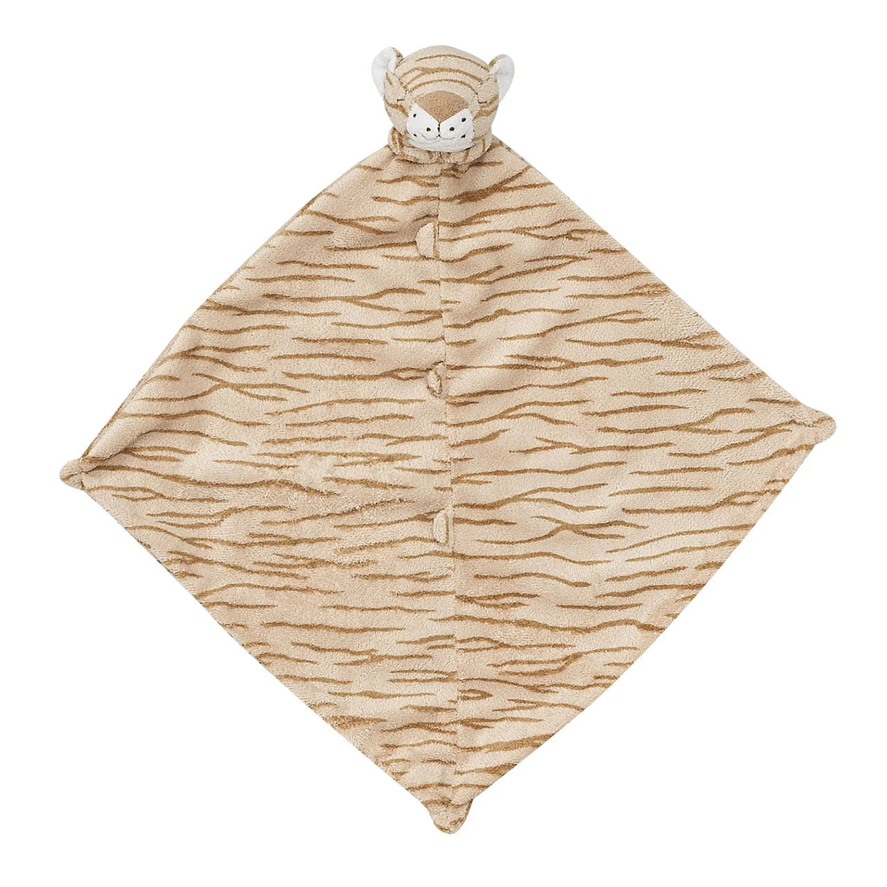Beige tiger lovie blankie with soft brown stripes and small ears; knotted corners; tiger face at top. Add custom embroidery to the bottom corner, centered.