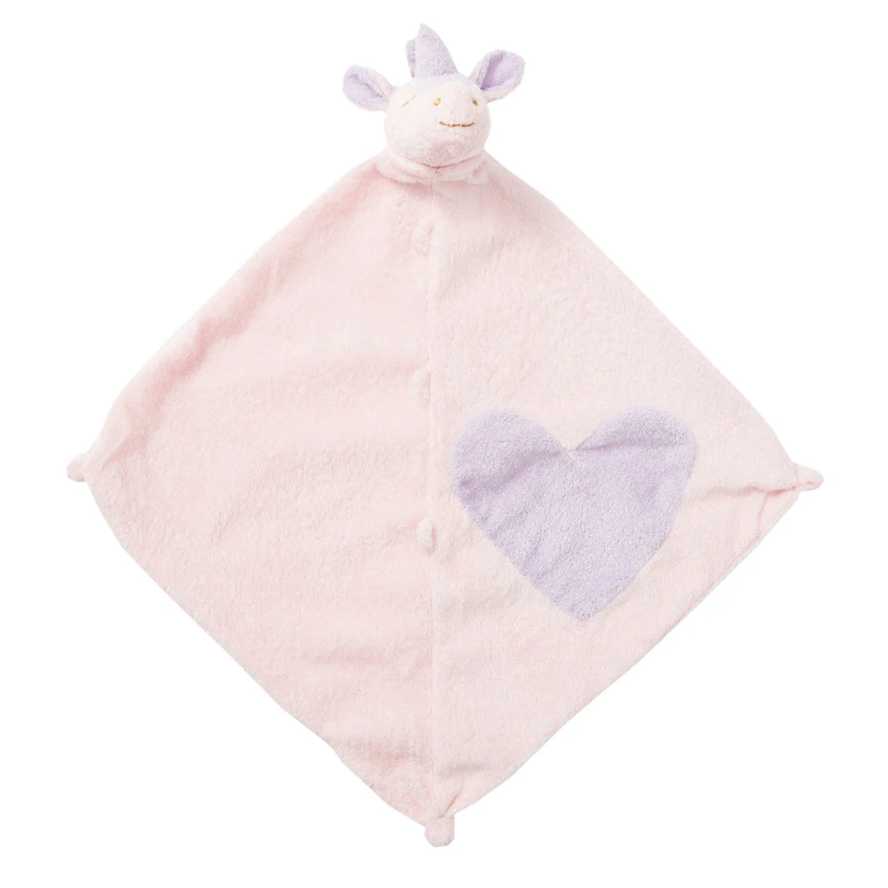 Pale-pink unicorn lovie blankie with lavender heart appliqué; knotted corners; unicorn face at top. Add custom embroidery to the bottom corner, centered.