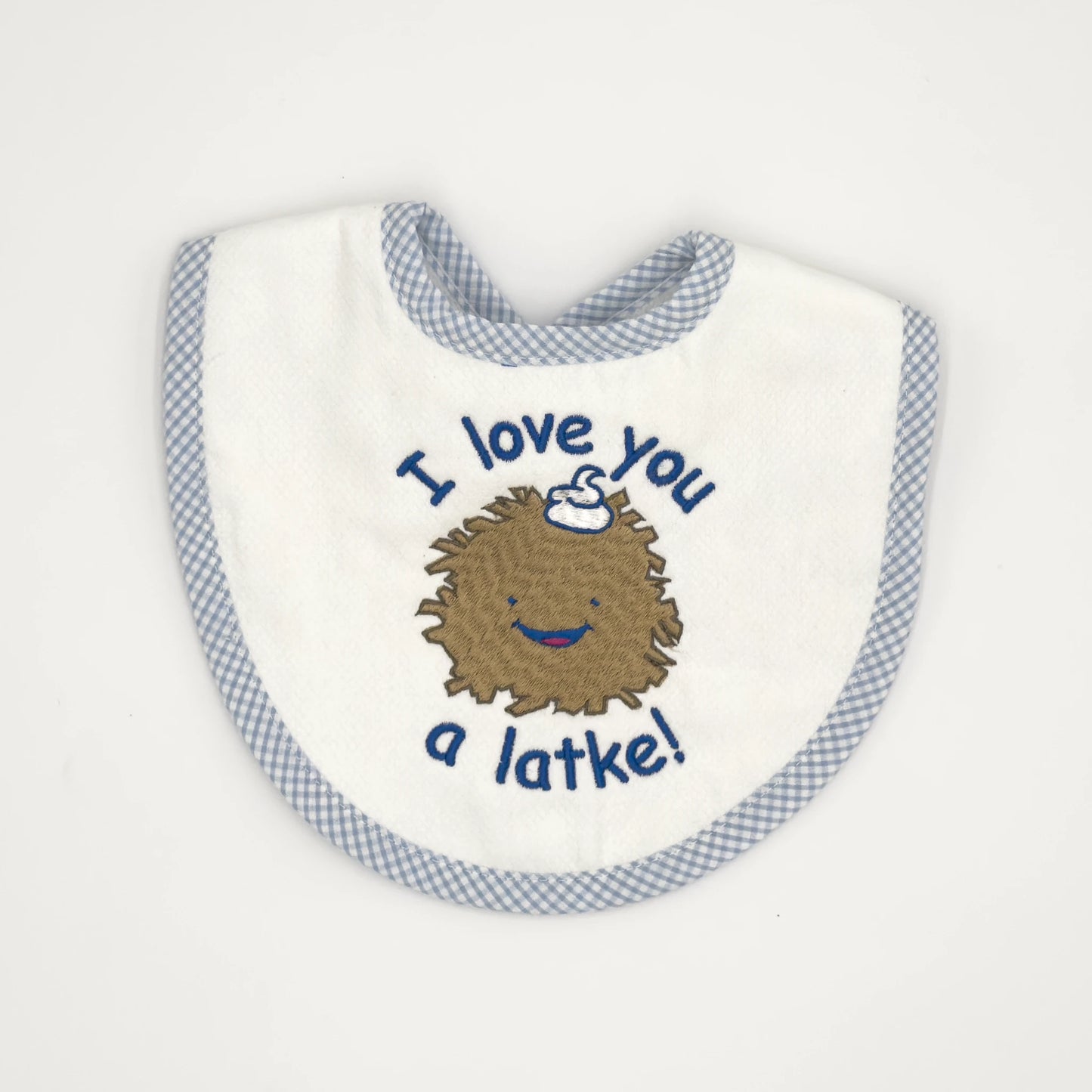 "I Love You a Latke" Baby Bib - Blue Gingham Trim with Latke Embroidery