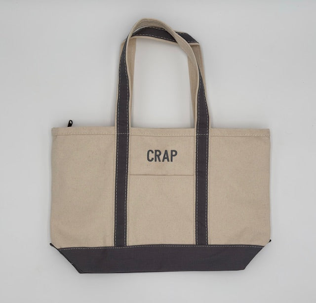 Natural and charcoal gray canvas boat tote embroidered ‘CRAP’