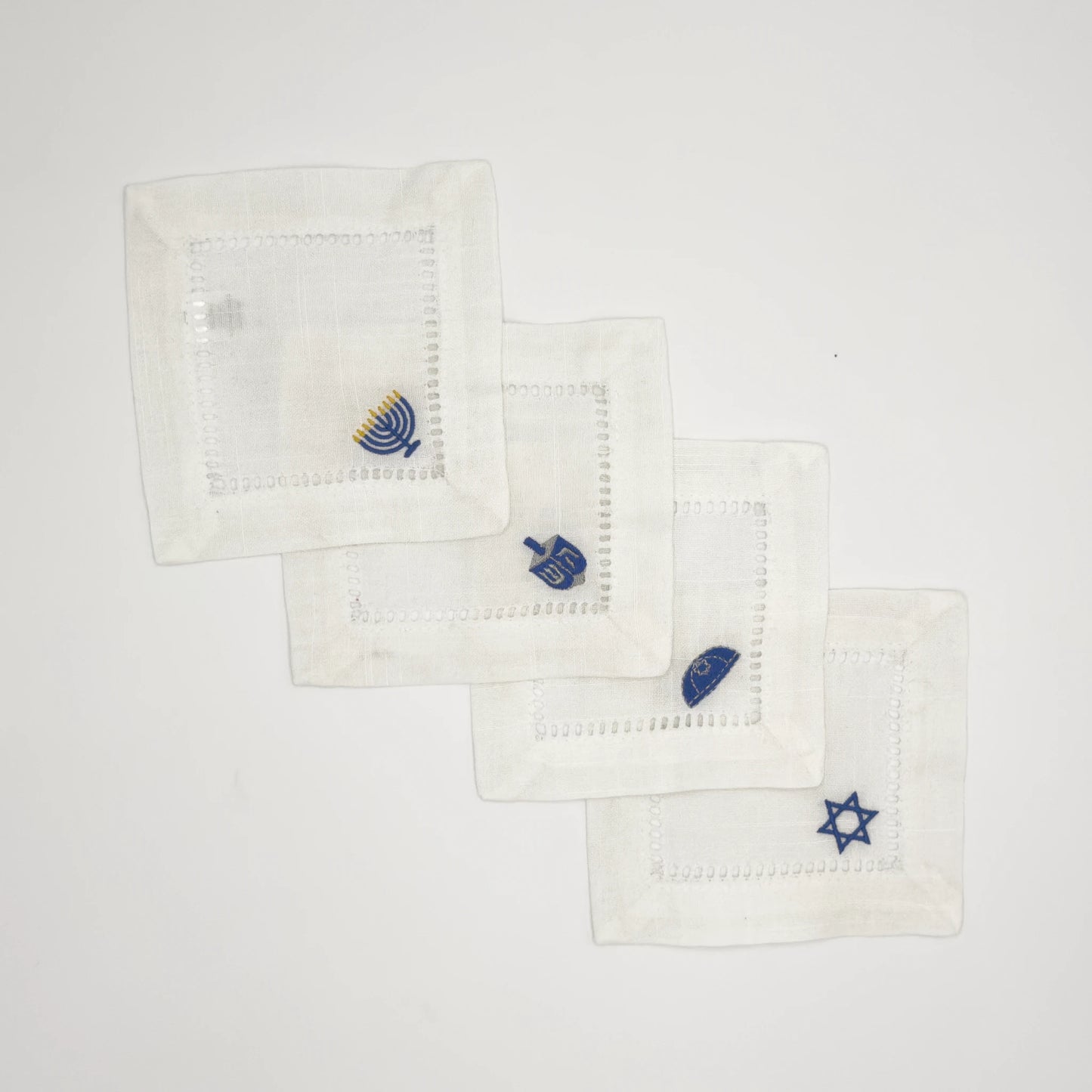 Hanukkah Embroidered Cocktail Napkins - White with Holiday Symbols (Set of 4)