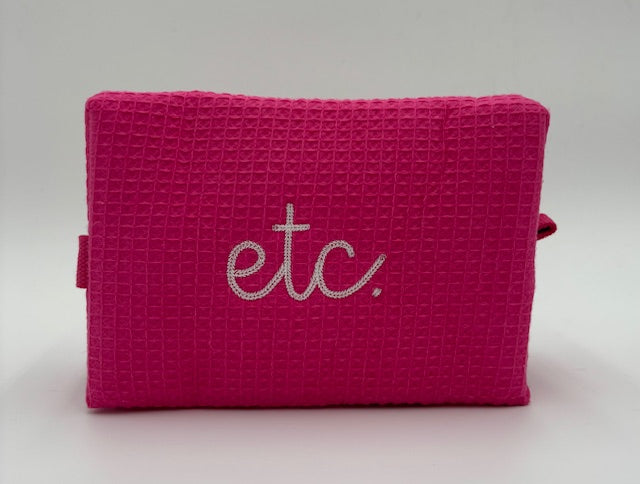 "Etc." Large Waffle Cosmetic Bag-Hot Pink with white stitching