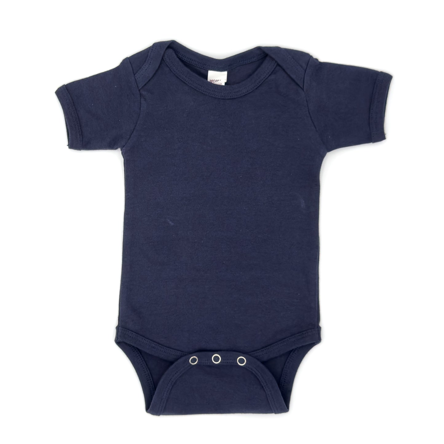 Navy blue short-sleeve baby onesie with envelope shoulders, shown flat on white background. Add custom embroidery to the chest area.