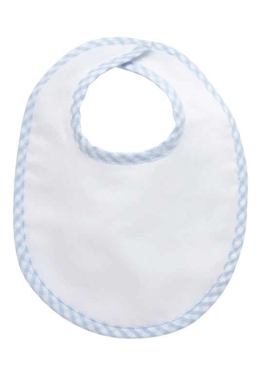 White terry cloth bib with large light-blue gingham check trim and Velcro neck tabs. Add custom embroidery to the front-center of the bib.