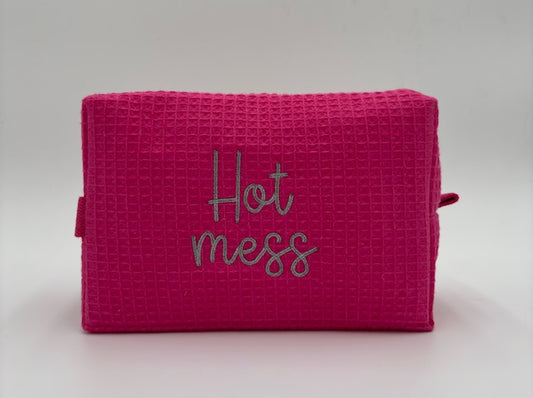 "Hot Mess" Large Cosmetic Bag- Hot Pink with silver stitching