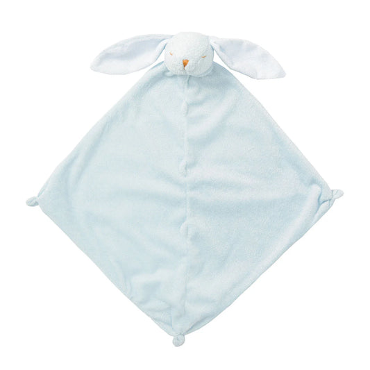 Light-blue bunny lovie blankie with long floppy ears; knotted corners; bunny face at top. Add custom embroidery to the bottom corner, centered.