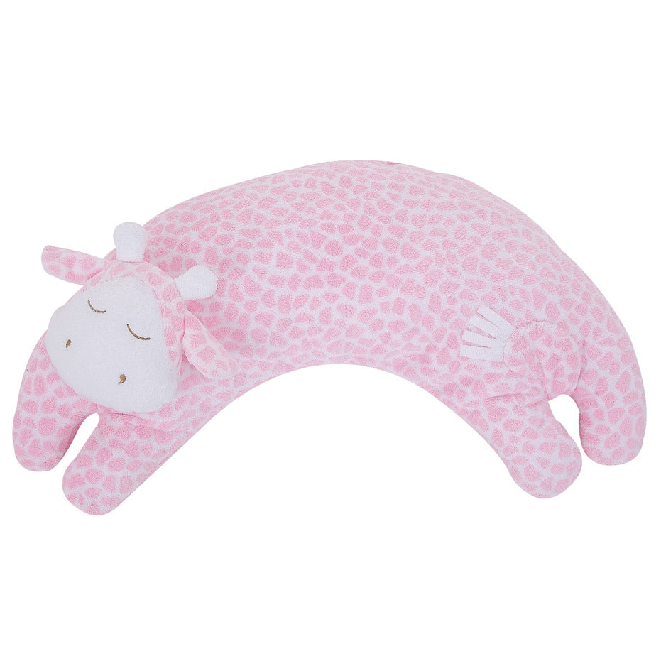 Plush curved neck pillow with pink giraffe-shaped and patterned design. Add custom embroidery to the center of the pillow.