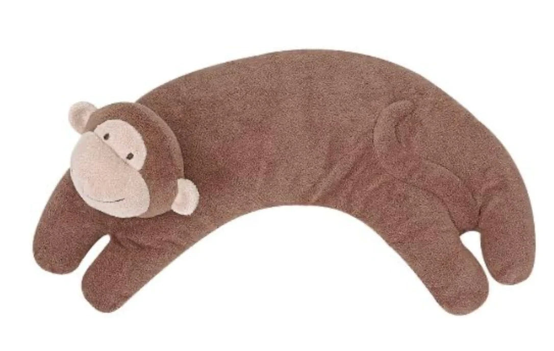 Plush curved neck pillow with brown monkey-shaped design. Add custom embroidery to the center of the pillow.