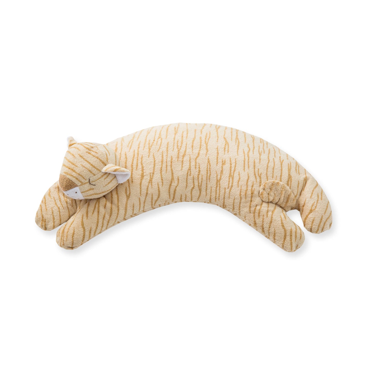 Plush curved neck pillow with tiger-shaped and patterned design. Add custom embroidery to the center of the pillow.