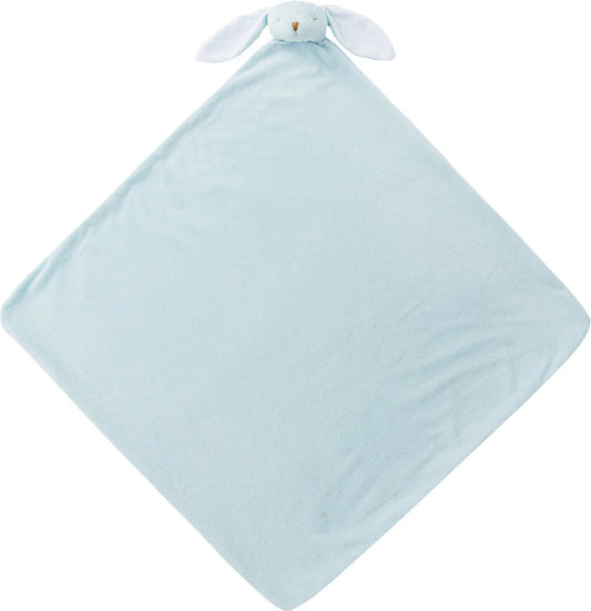 Light-blue bunny nap blanket; knotted corners; bunny face with long floppy ears at top. Add custom embroidery to the bottom corner, centered.