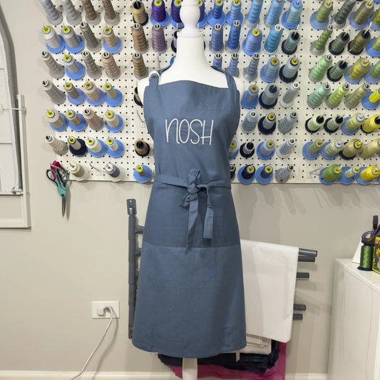 "Nosh" Embroidered Denim Apron - Blue-Grey with White Embroidery