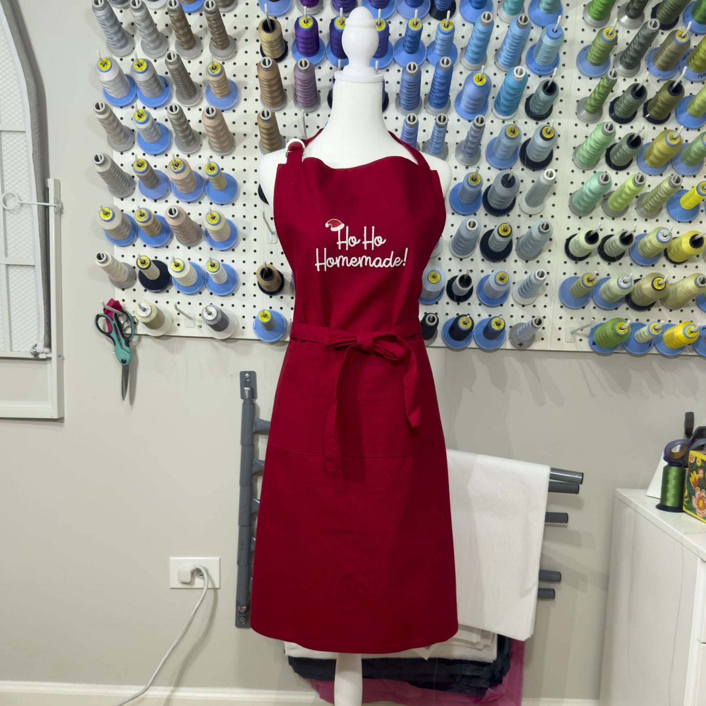 "Ho Ho Homemade" Embroidered Denim Apron - Red with White Embroidery